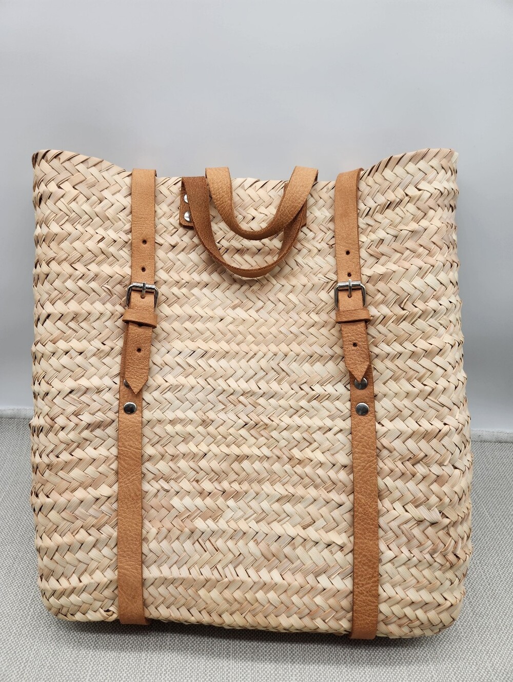 Unbranded Market Backpack Straw Woven Leather Straps Beach Tropical Nautical